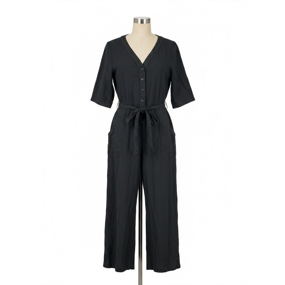 Heyson Women Black Cotton Button Front Belted Jumpsuit Size Large